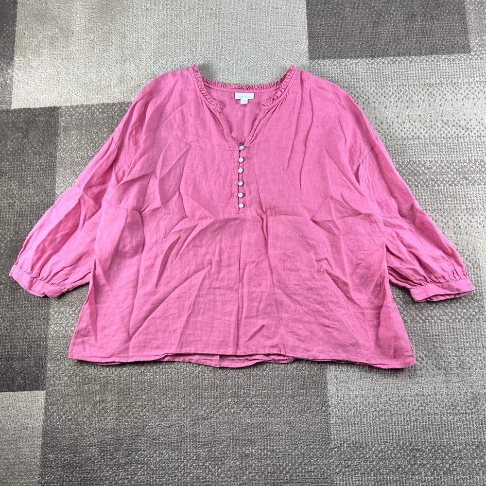 J.Jill Love Linen Pink Henley Tunic Top XL 100% Linen 3/4 Sleeve Ruffle Neck